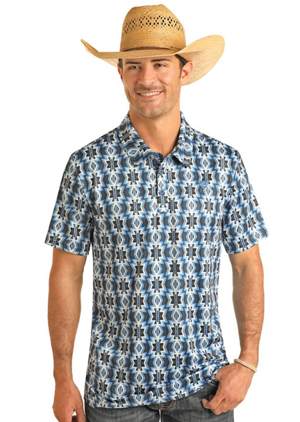 ROCK & ROLL BLUE PRINTED AZTEC POLO - MENS POLO  - BM51T03965-45