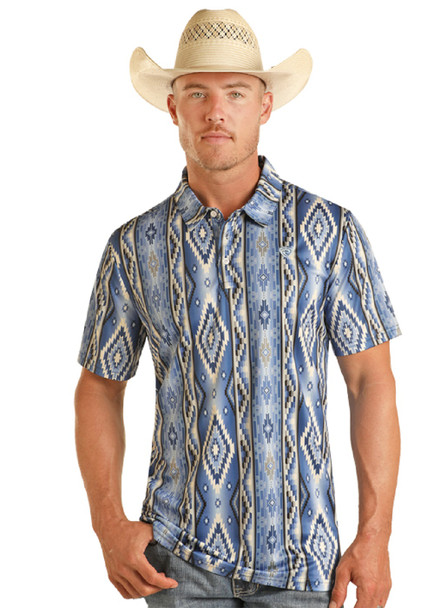 ROCK & ROLL BLUE PRINTED AZTEC POLO - MENS POLO  - BM51T04452