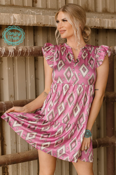 STERLING KREEK AZTEC PINK GREY & WHITE DRESS - LADIES DRE   - NEEDED ME DRESS PINK