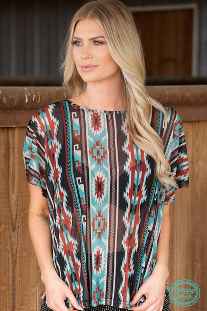 STERLING KREEK AZTEC PRINT MESH TOP - LADIES SHIRT  - EL PASO TOP