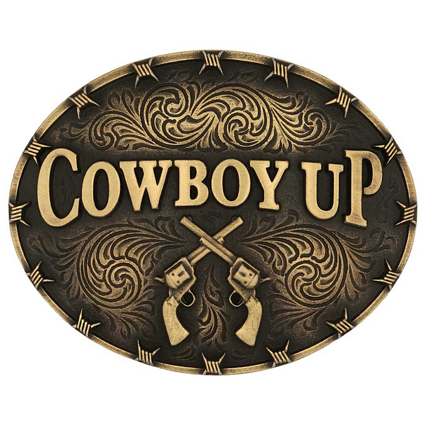 ATTITUDE BY MONTANA SILVERSMITHS COWBOY UP UP REVOLVER GOLD - ACC BUCKLE  - A1007C