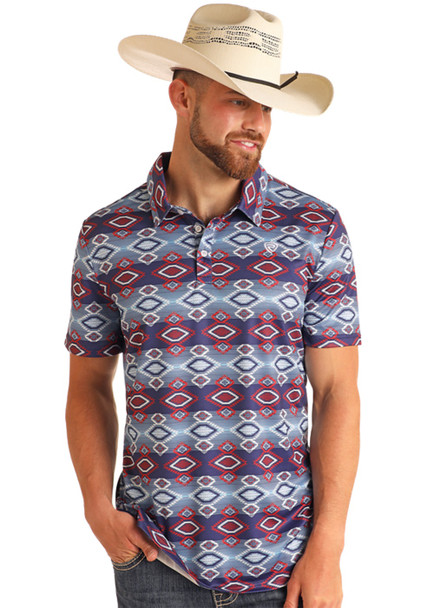 ROCK & ROLL AZTEC PRINTED POLO BLUE - MENS POLO  - BM51T06009