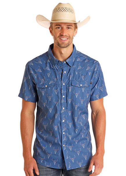 ROCK & ROLL TEK LONGHORN PRINT BLUE - MENS SHIRT  - BMN3S05951