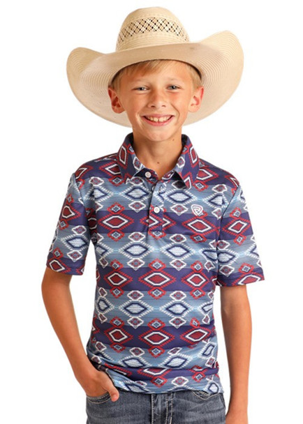 ROCK & ROLL AZTEC PRINTED POLO BLUE - KIDS BOYS POLO - BB51T06009