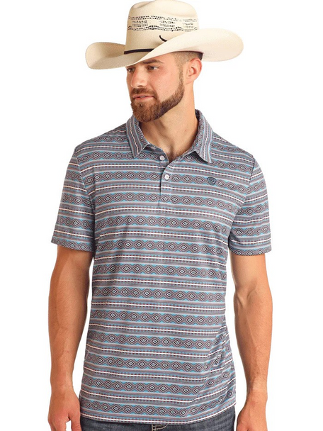 ROCK & ROLL AZTEC PRINTED POLO BLUE - MENS POLO  - BM51T05995