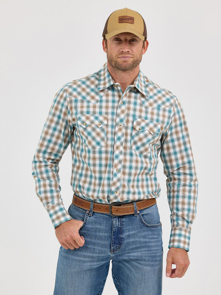 WRANGLER RETRO MODERN TURQ/BROWN PLAID - MENS SHIRT  - 112368058