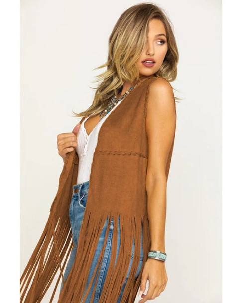 CAMEL FRINGE SUEDE WHIP VEST - LADIES VESTS  - FRNG-VST2-CML