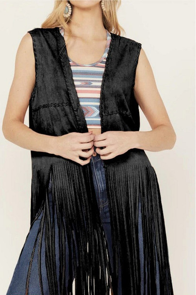 BLACK FRINGE SUEDE VEST - LADIES VESTS  - FRNG-VST2-BLK