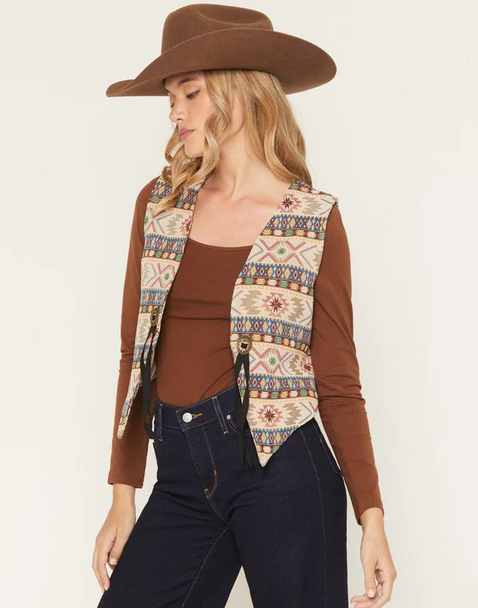 CONCHO DETAIL TAPESTRY - LADIES VESTS  - TPSTRY-VST-WHT