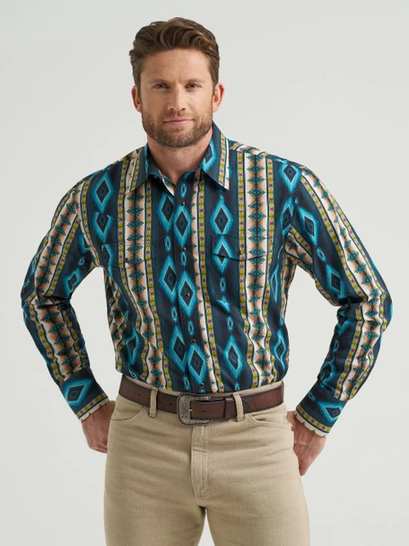 WRANGLER CHECOTAH TURQUOISE BELT PRINT - MENS SHIRT  - 112369467