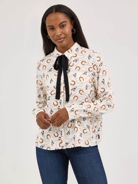 WRANGLER PUNCHY NECK TIE BLOUSE WHITE - LADIES SHIRT  - 112371697