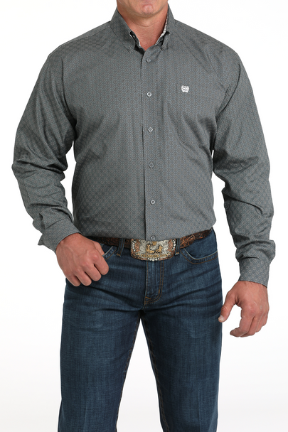CINCH DARK GREY GEOMETRIC PRINT - MENS SHIRT  - MTW1105987