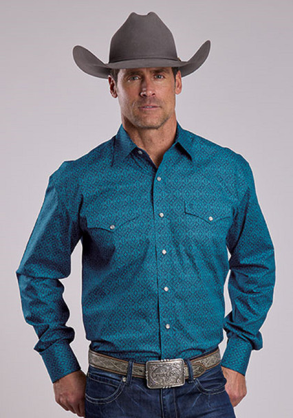 STETSON TEAL MEDALLION BLUE PRINT - MENS SHIRT  - 11-001-0425-1064BU