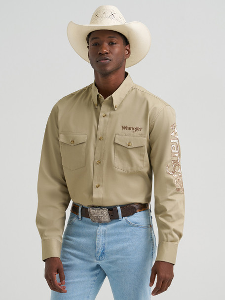 WRANGLER LOGO CAMO KHAKI SOLID - MENS SHIRT  - 112374859