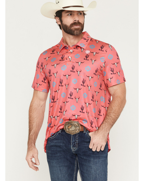 ROCK & ROLL SKULL AZTEC PRINTED HOT PINK - MENS POLO  - BM51T08358