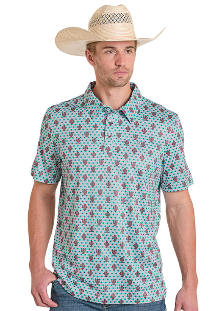 PANHANDLE SLIM TURQUOISE CACTUS PRINT - MENS POLO  - TM51T08202