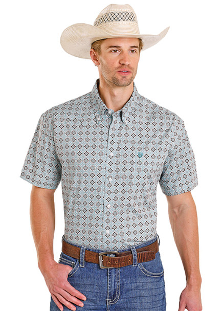 ROCK & ROLL MEDALLION  PRINTED TEAL - MENS SHIRT  - BMB3S08319