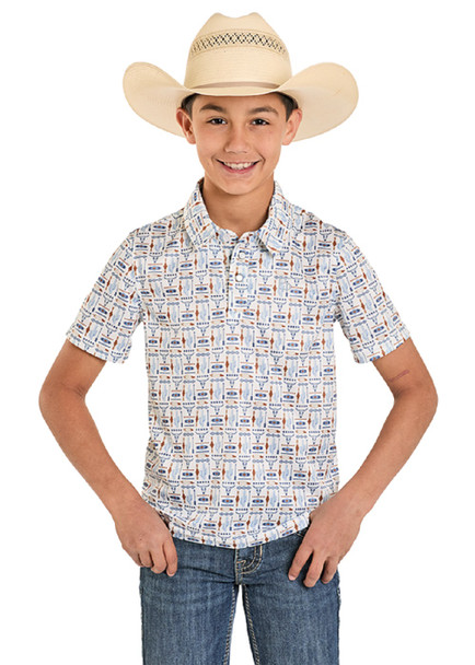 ROCK & ROLL BLUE LONGHORN PRINT POLO - KIDS BOYS POLO - TB51T08215