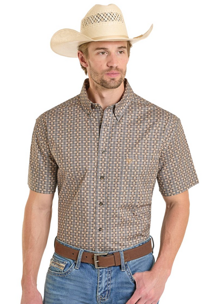 ROCK & ROLL GEO PRINTED DARK BROWN - MENS SHIRT  - BMB3S08307