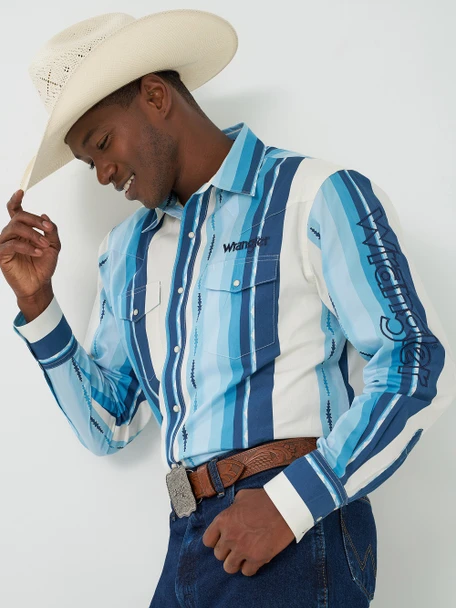 WRANGLER LOGO BLUE/WHITE STRIPE - MENS SHIRT  - 112379239