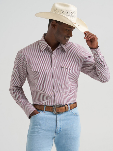 WRANGLER WRINKLE RESIST WINE STRIPE - MENS SHIRT  - 112379033