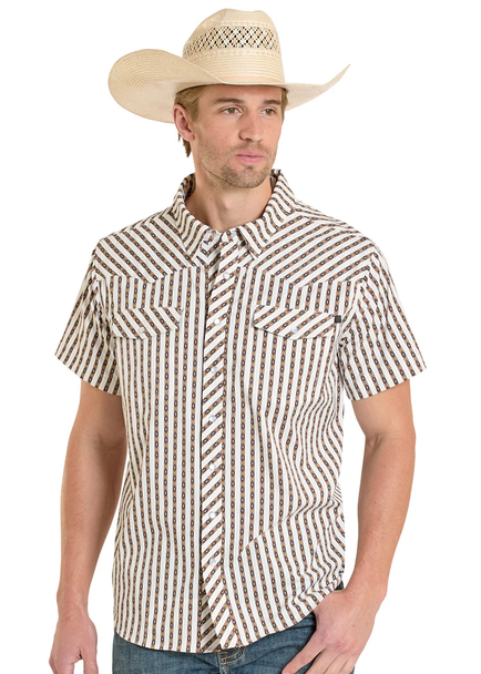 ROCK & ROLL MICRO AZTEC STRIPE BROWN PRINT - MENS SHIRT  - BMN3S08383