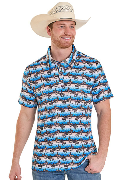 ROCK & ROLL BLUE HORSE/COWBOY PRINT - MENS POLO  - BM51T08348