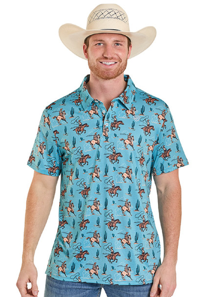 ROCK & ROLL TEAL ROPING COWBOY PRINT POLO - MENS POLO  - BM51T08357