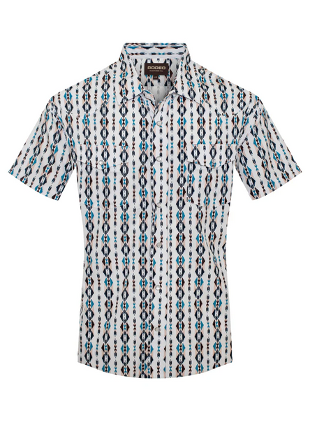 RODEO AZTEC WHITE/BLUE PRINT - MENS SHIRT  - RT101S-1052