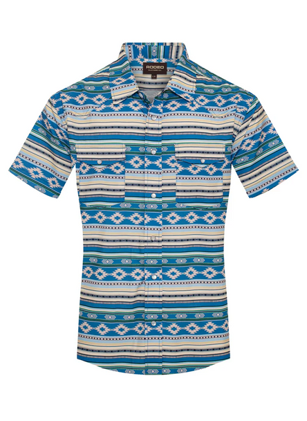 RODEO BLUE AZTEC STRIPE PRINT - MENS POLO  - RT101S-1114