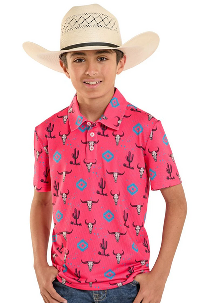 ROCK & ROLL SKULL AZTEC HOT PINK - KIDS BOYS POLO - BB51T08358
