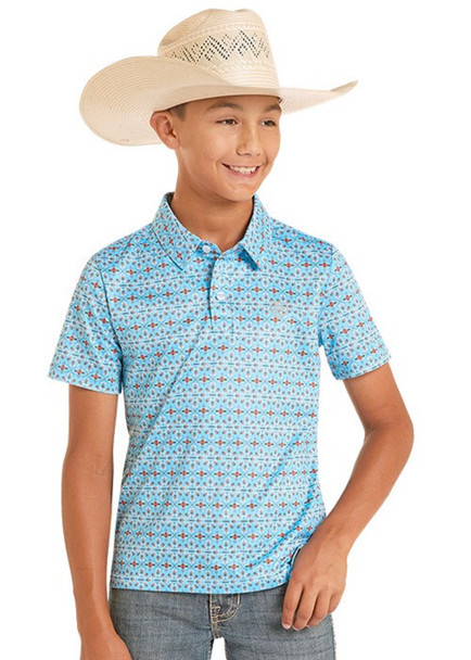 ROCK & ROLL LIGHT BLUE MINI AZTEC PRINT - KIDS BOYS POLO - BB51T08715