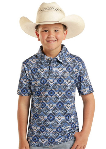 ROCK & ROLL BLUE AZTEC PRINTED POLO - KIDS BOYS POLO - BB51T08719