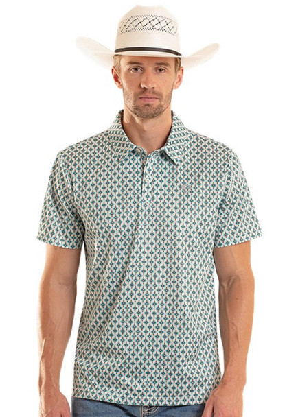 ROCK & ROLL TEAL MINI AZTEC GEO PRINTED - MENS POLO  - BM51T08713