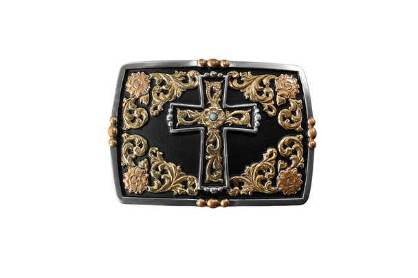 NOCONA BLACK AND GOLD CROSS FLOWERS - ACC BUCKLE  - 37962
