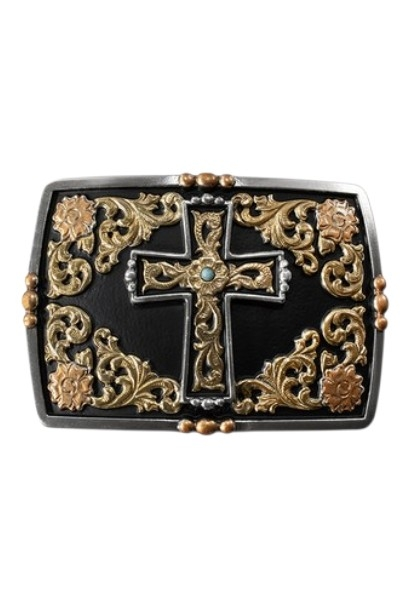 NOCONA BLACK AND GOLD CROSS FLOWERS - ACC BUCKLE  - 37962