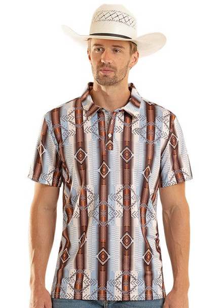 ROCK & ROLL BLUE & BROWN AZTEC PRINT - MENS POLO  - BM51T08723