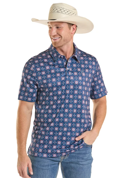 PANHANDLE SLIM NAVY GEOMETRIC PRINT - MENS POLO  - TM51T08978