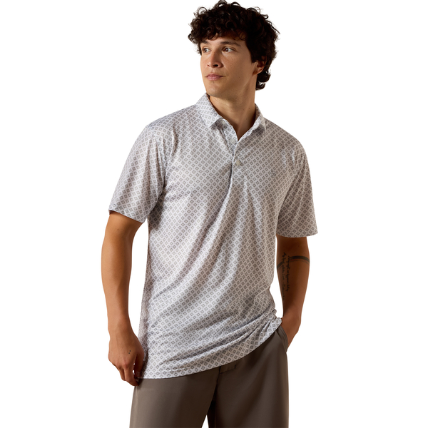 ARIAT WHITE GEO FITTED PRINT - MENS POLO  - 10076067