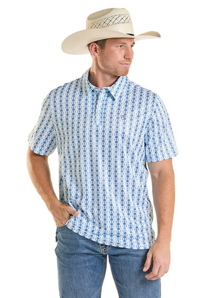 PANHANDLE SLIM WHITE TEAL STRIPED DOTS - MENS POLO  - TM51T08982