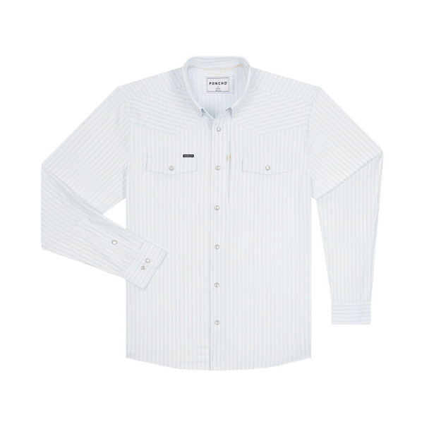 PONCHO  BABY BLUE VERTICAL STRIPE SNAP - MENS SHIRT  - THE 2 STEP BLUE/WHITE STRIPES