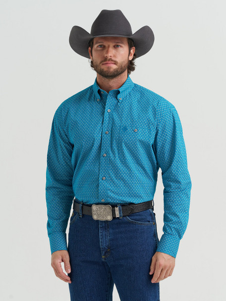 WRANGLER GEORGE STRAIT TEAL GEO PRINT - MENS SHIRT  - 112381971