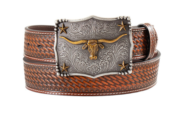 3-D BELT BASKET WEAVE LONGHORN BROWN - ACCESSORIES BELT MEN - D100021302