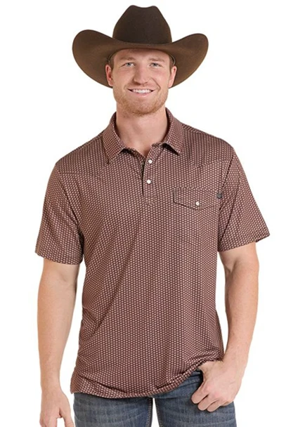 ROCK & ROLL MICRO GEO BROWN VENTED PRINT - MENS POLO  - BM51T10068