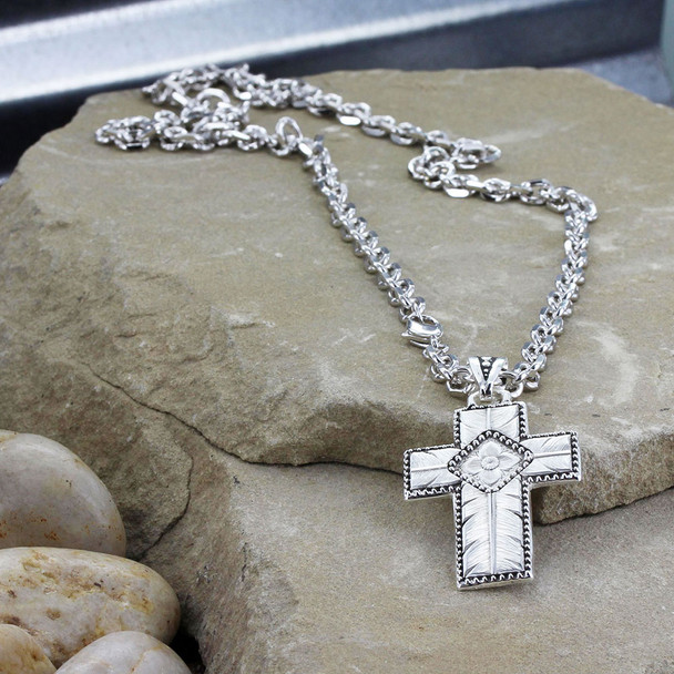 MONTANA SILVERSMITHS BANDED FEATHER CROSS - ACCESSORIES JEWELRY NECKLACE - NC3588RTS