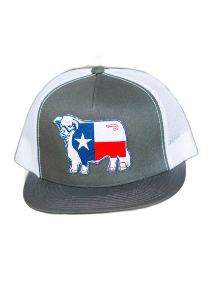 LAZY J GREY & WHITE TEXAS FLAG BULL - HATS CAP  - GRYWHT4TEX