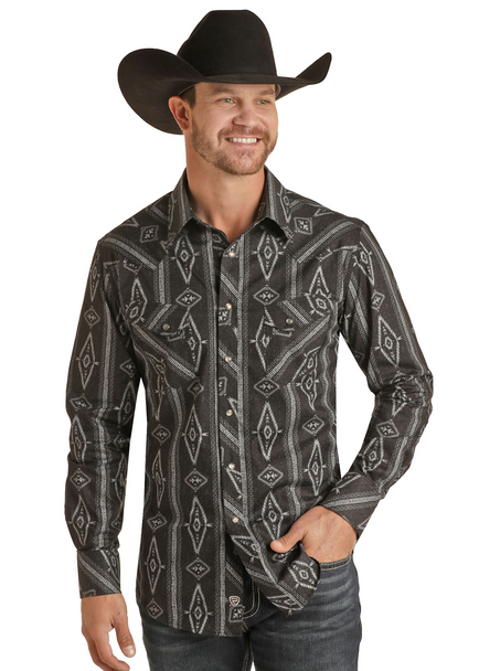 ROCK & ROLL AZTEC POPLIN PRINT CHARCOAL - MENS SHIRT  - RRMSOSRZ1A