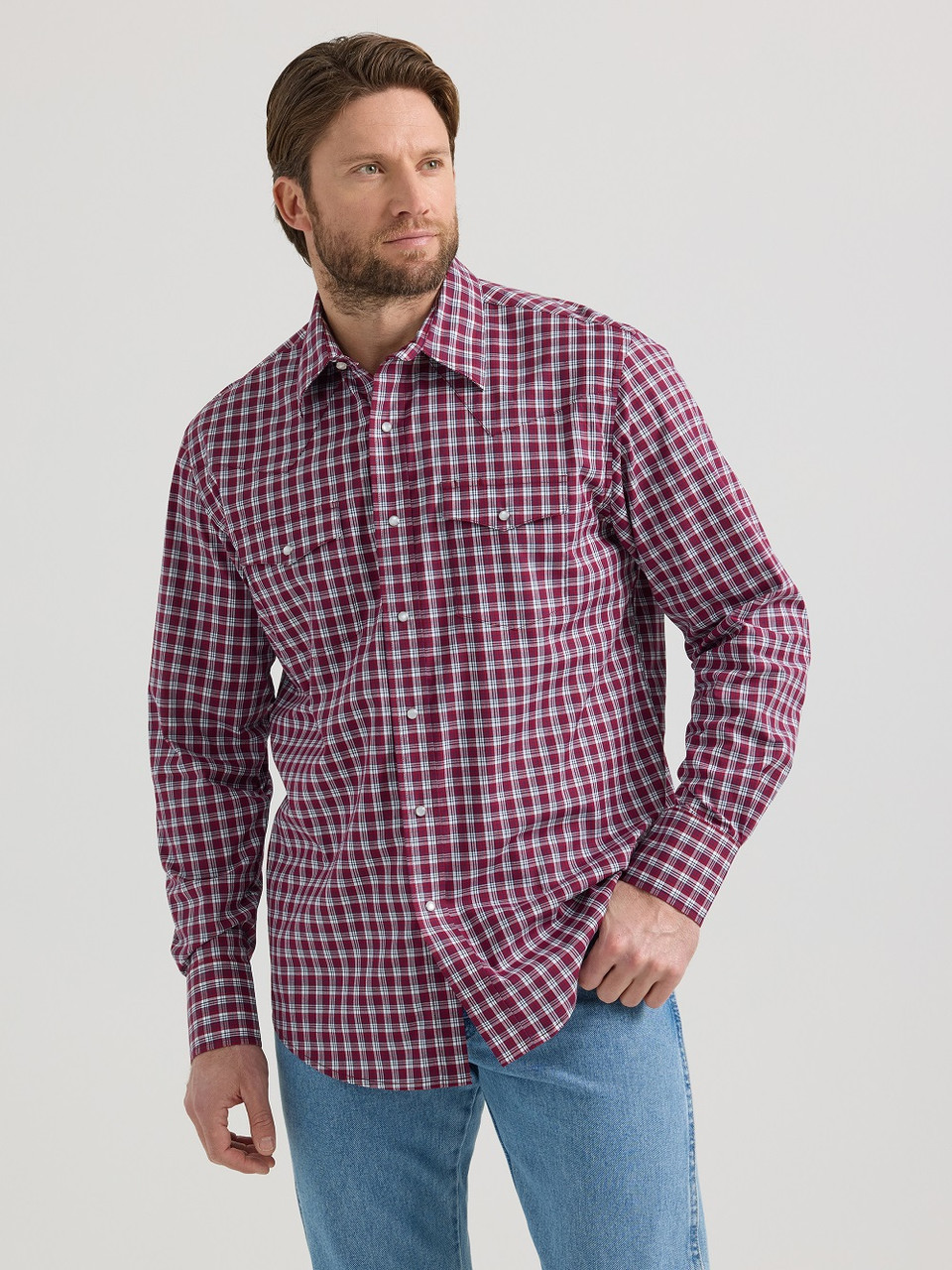 Wrangler Wrinkle Resist Dark Red Plaid - Mens Shirt - 112351596 - Picture 1 of 24
