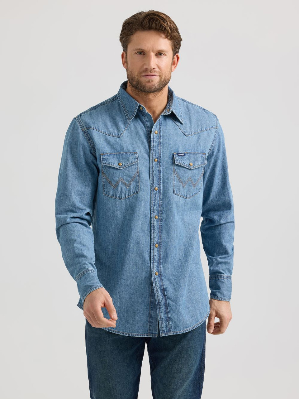 Wrangler Light Wash Denim Snap - Mens Shirt - 112361699 - Picture 1 of 25
