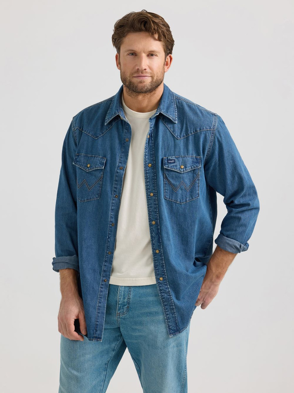 Wrangler Mid Wash Denim Snap - Mens Shirt - 112361701 - Picture 1 of 20